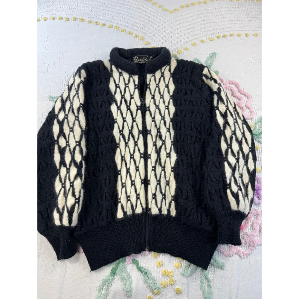 Vintage Rochelle California Black White Geometric Angora Wool Zip Cardigan Large